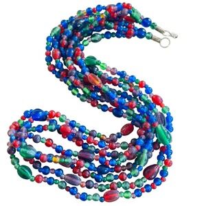 VTG BOHO Necklace colorful poured Retro Glass beads Multi strand Statement 28"